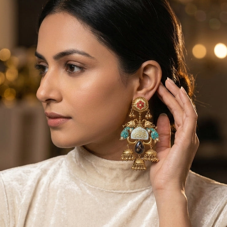 Statement Kashmiri Jhumka  - Turquoise (4.5 inches)