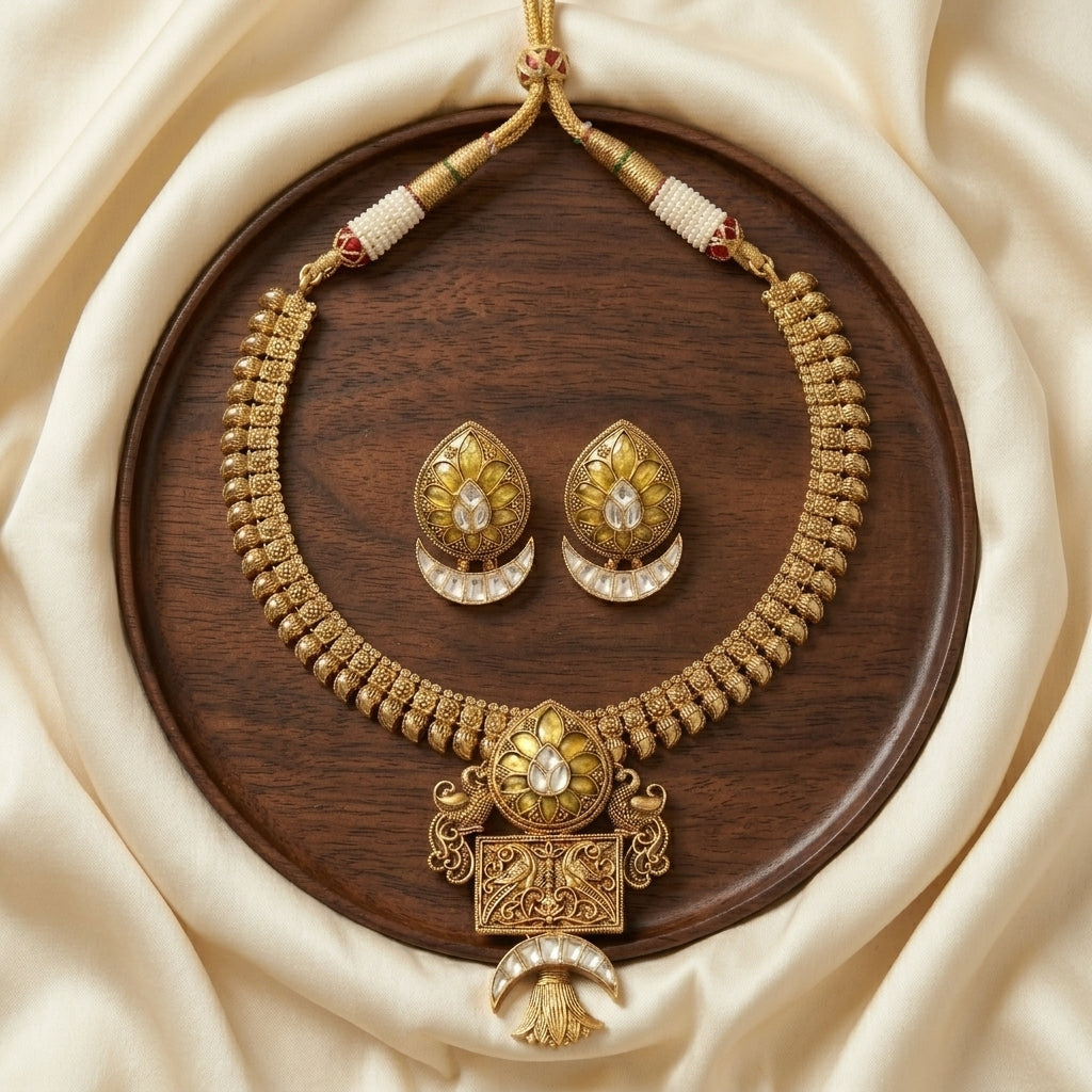 Sona Antique Gold Kundan Necklace Set - Yellow