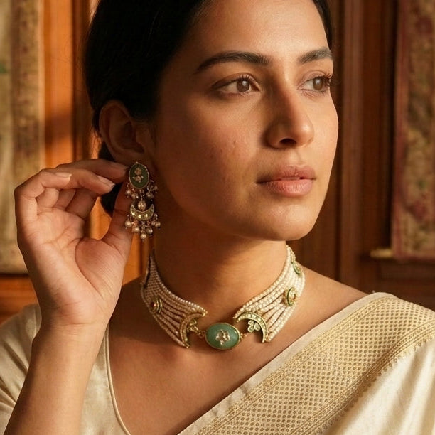 Inlay Kundan Beaded Choker Set - Pearls