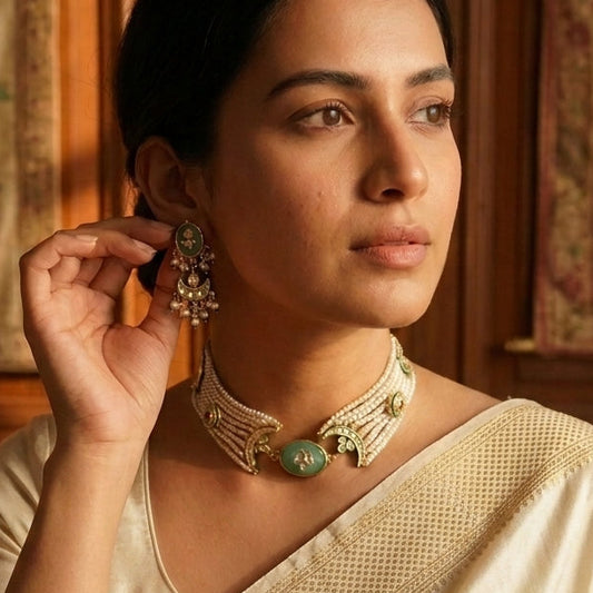 Inlay Kundan Beaded Choker Set - Pearls