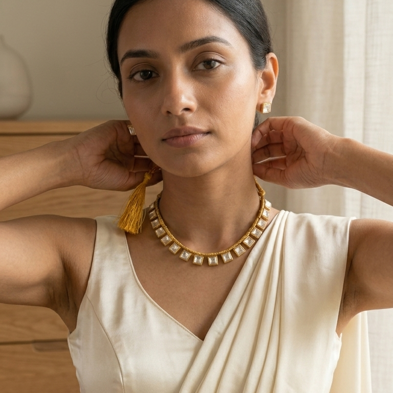 Dainty Faceted Jadau Kundan Polki Necklace Set