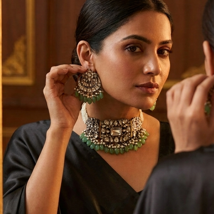 Kashish Victorian Oxidized Faceted Jadau Kundan Choker Set
