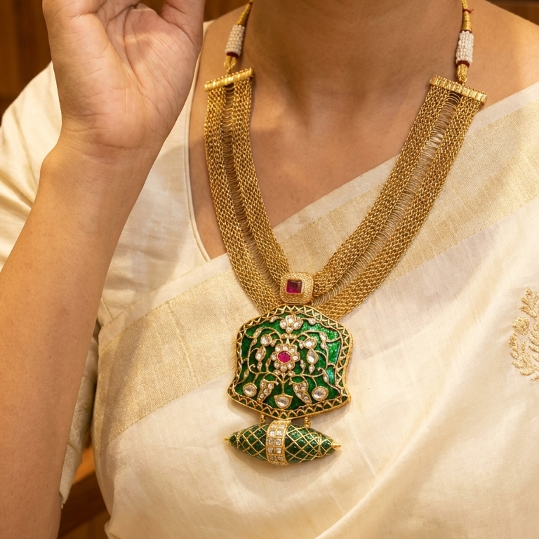 A woman wearing a traditional Indian gold necklace with a large green and pink enamel pendant, matching green earrings, and a cream-colored saree.