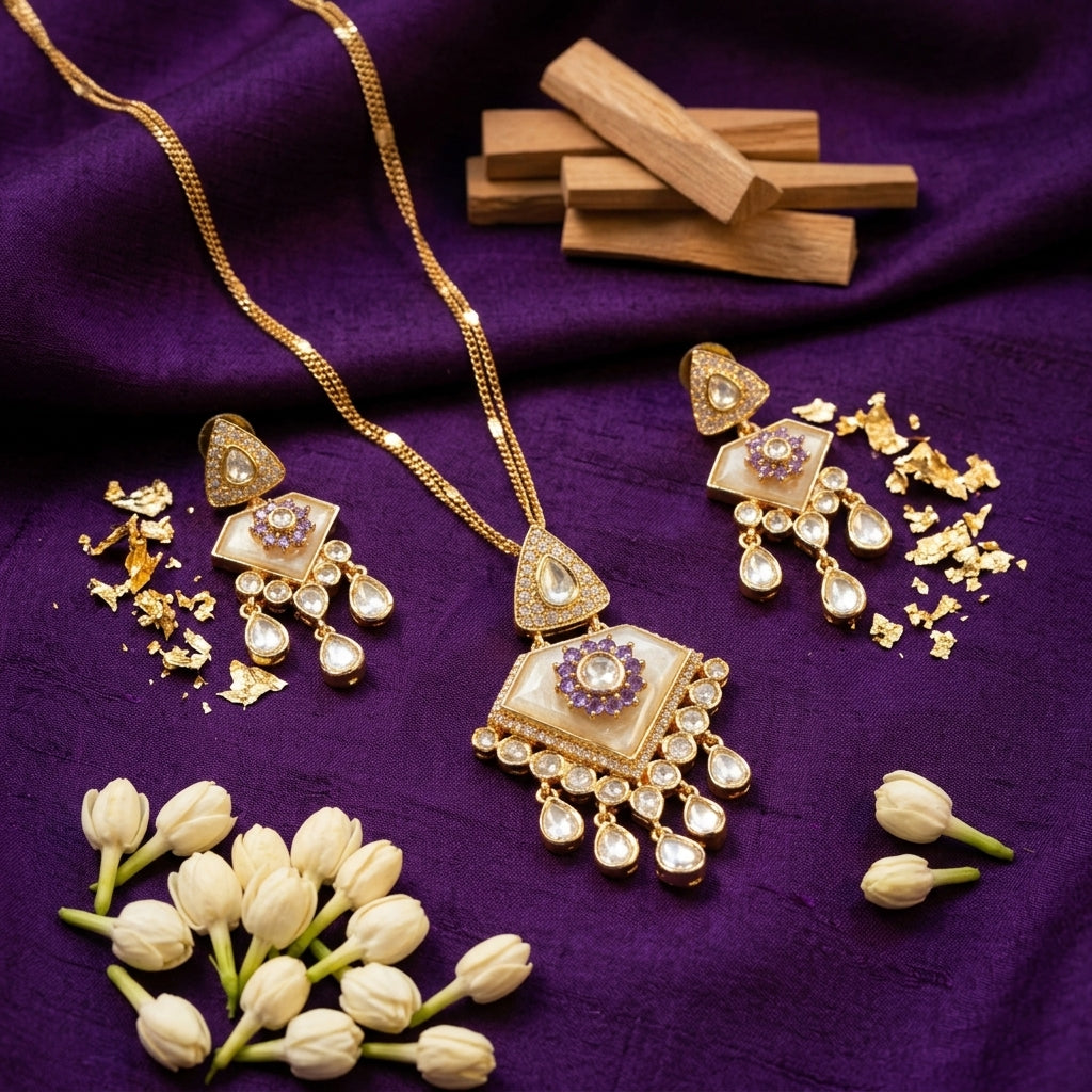 Premium Polki & MOP Pendant Set - Purple