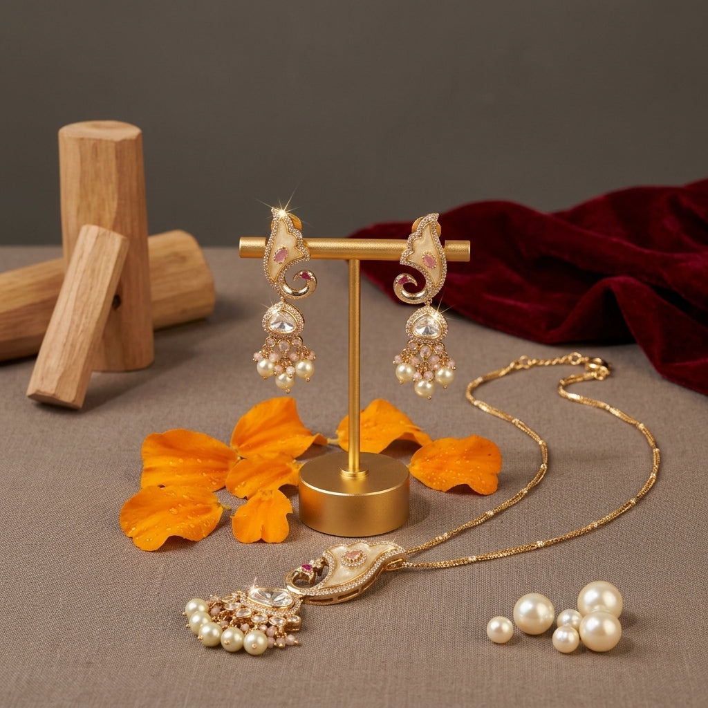 Premium Polki & MOP Pendant Set - Pink