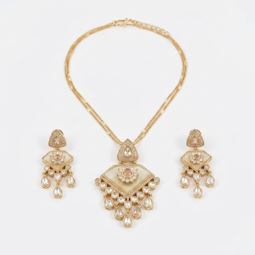 Premium Polki & MOP Pendant Set - Peach