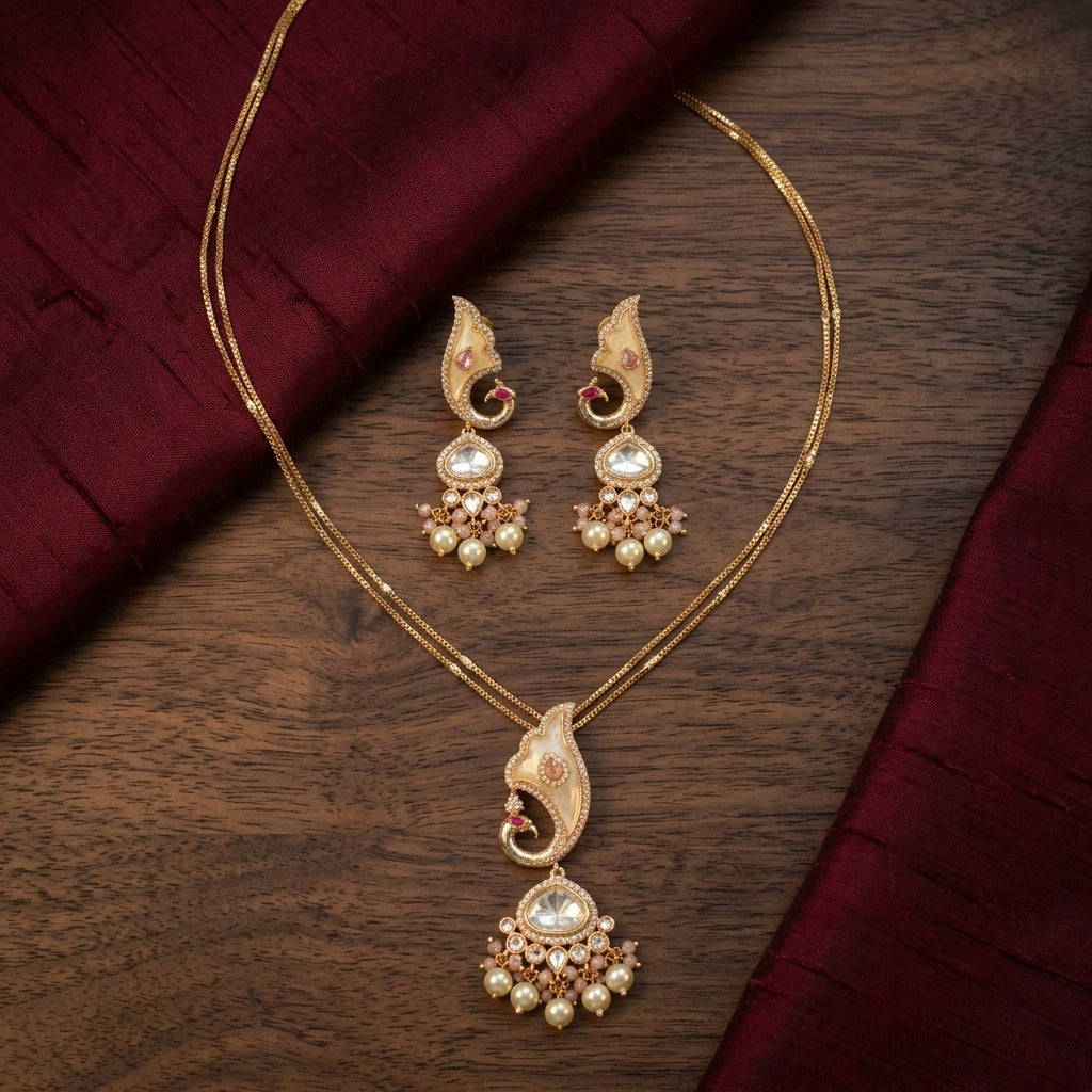 Premium Polki & MOP Pendant Set - Pink