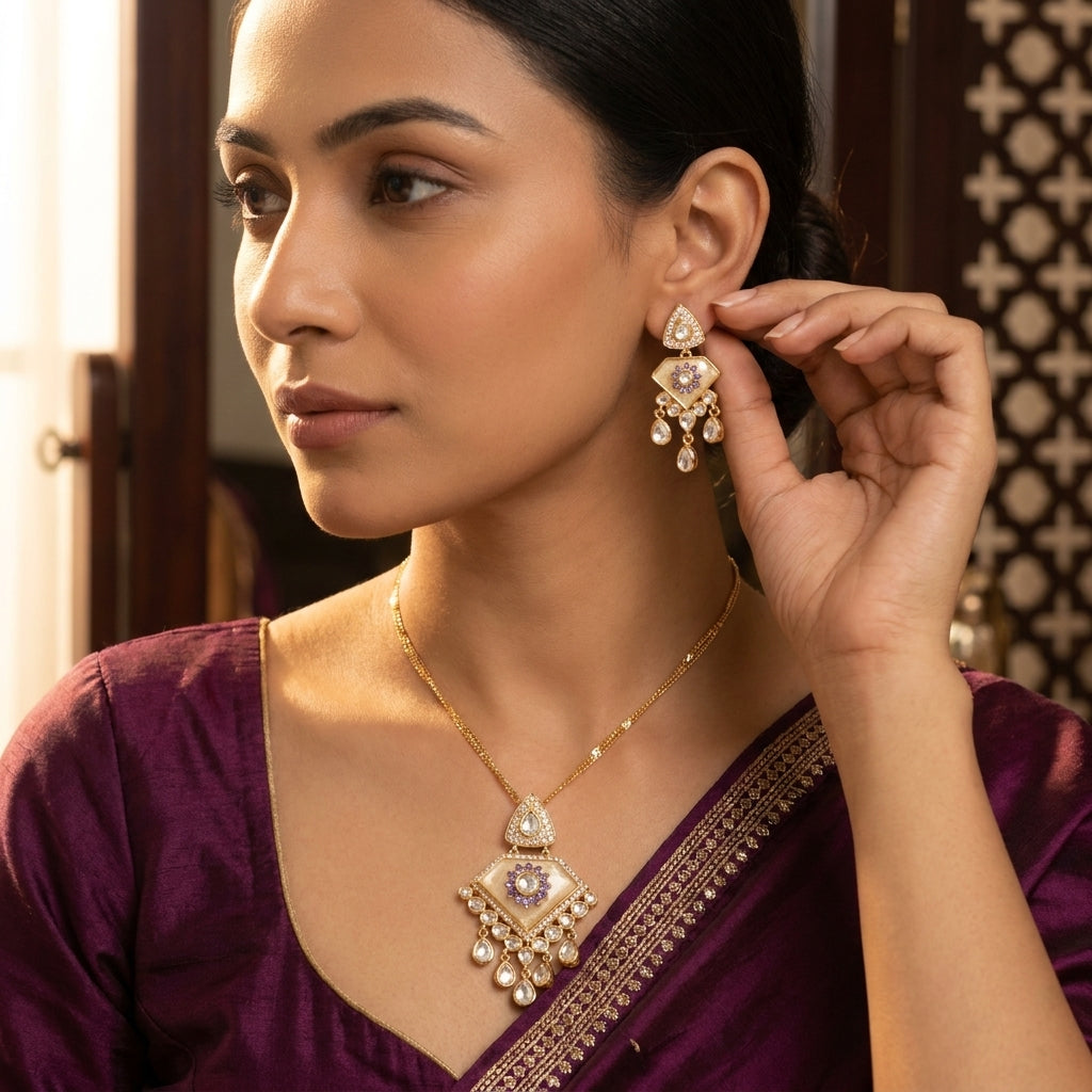 Premium Polki & MOP Pendant Set - Purple