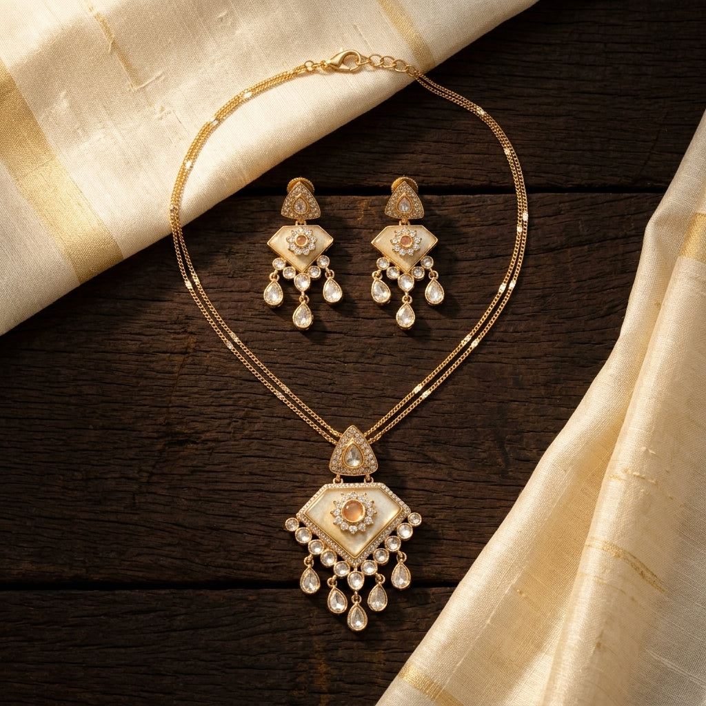 Premium Polki & MOP Pendant Set - Peach