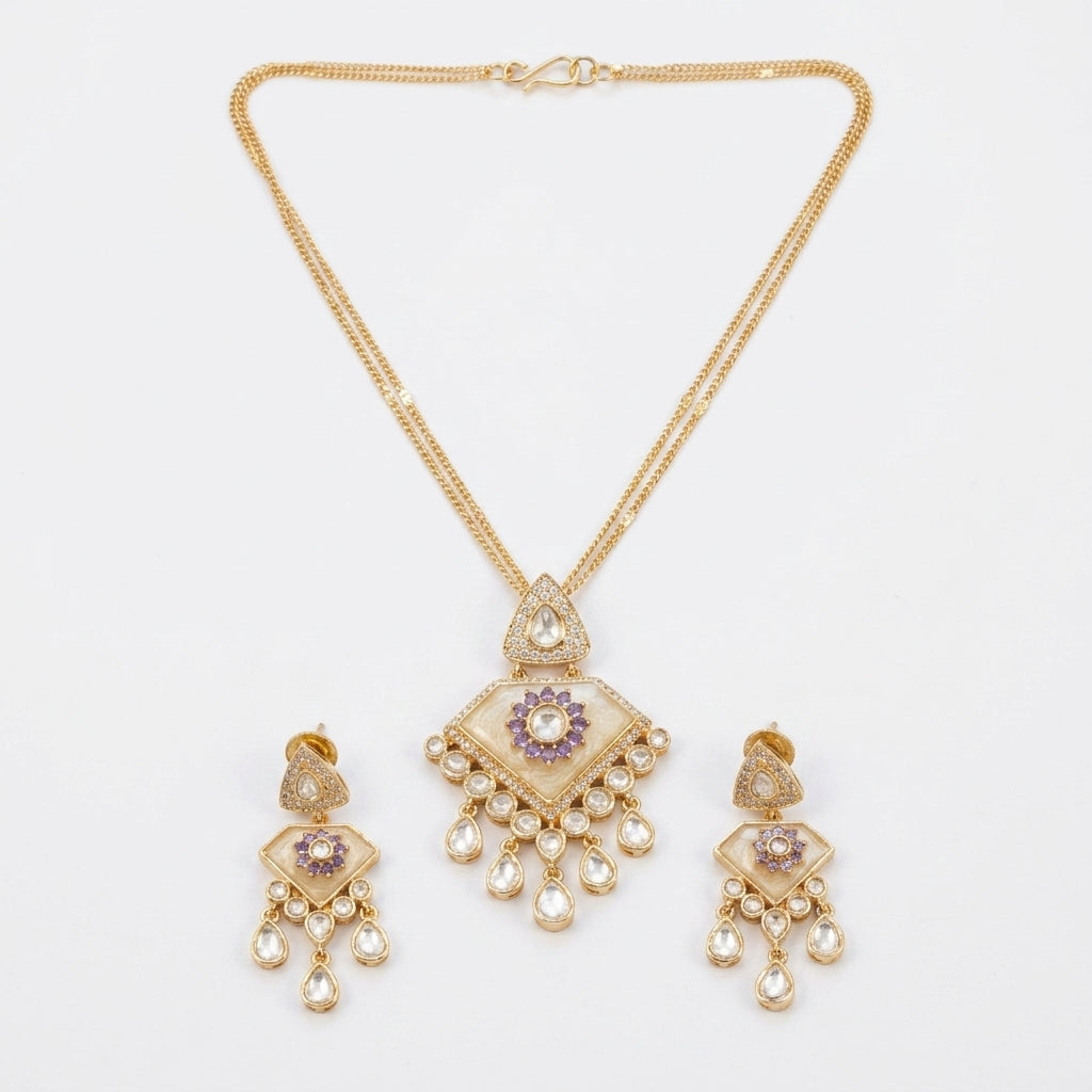 Premium Polki & MOP Pendant Set - Purple