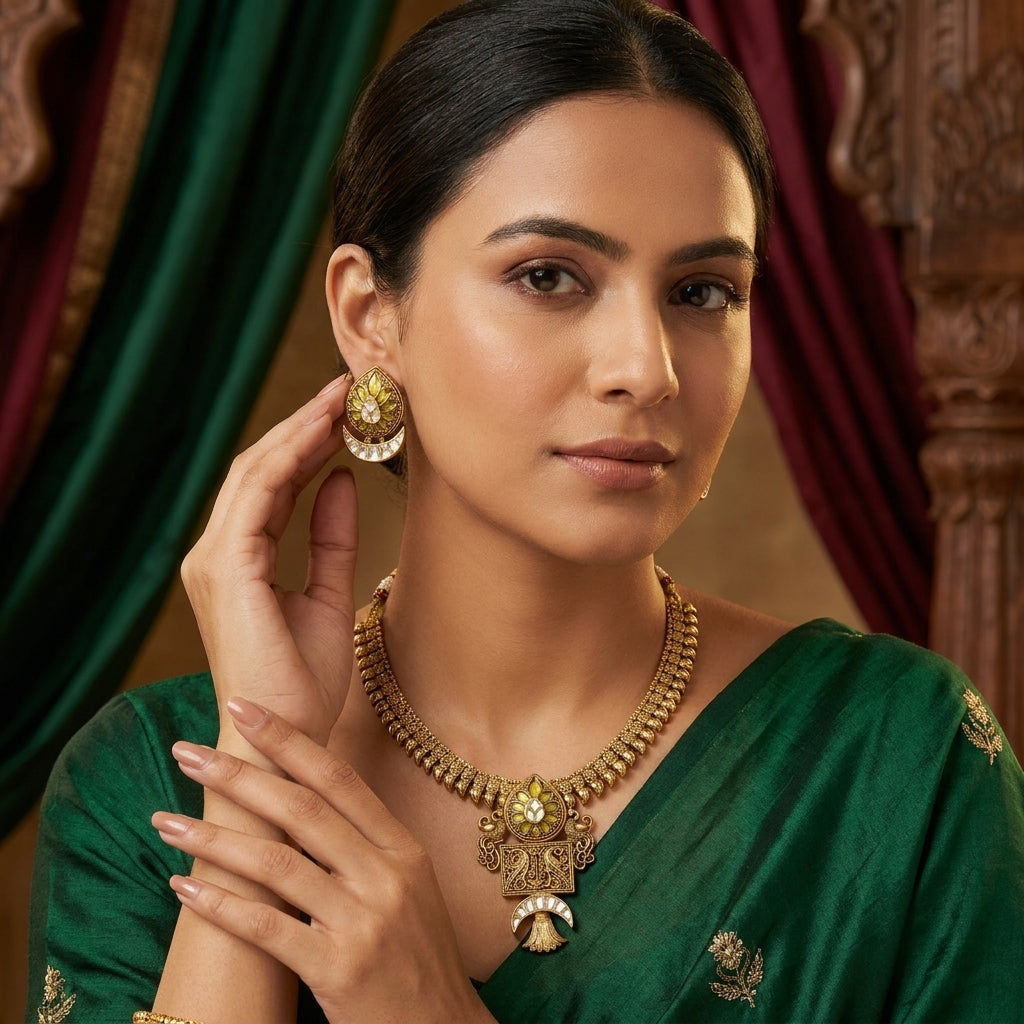 Sona Antique Gold Kundan Necklace Set - Yellow