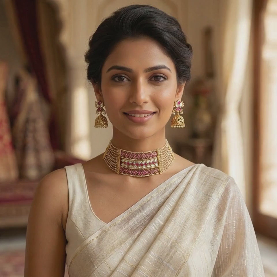 Designer Jadau Choker Set - Real Fresh Water Pearls