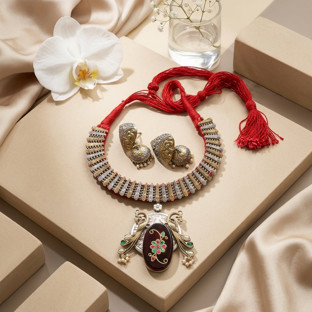 Fusion Inlay Kundan SLA Necklace - Red