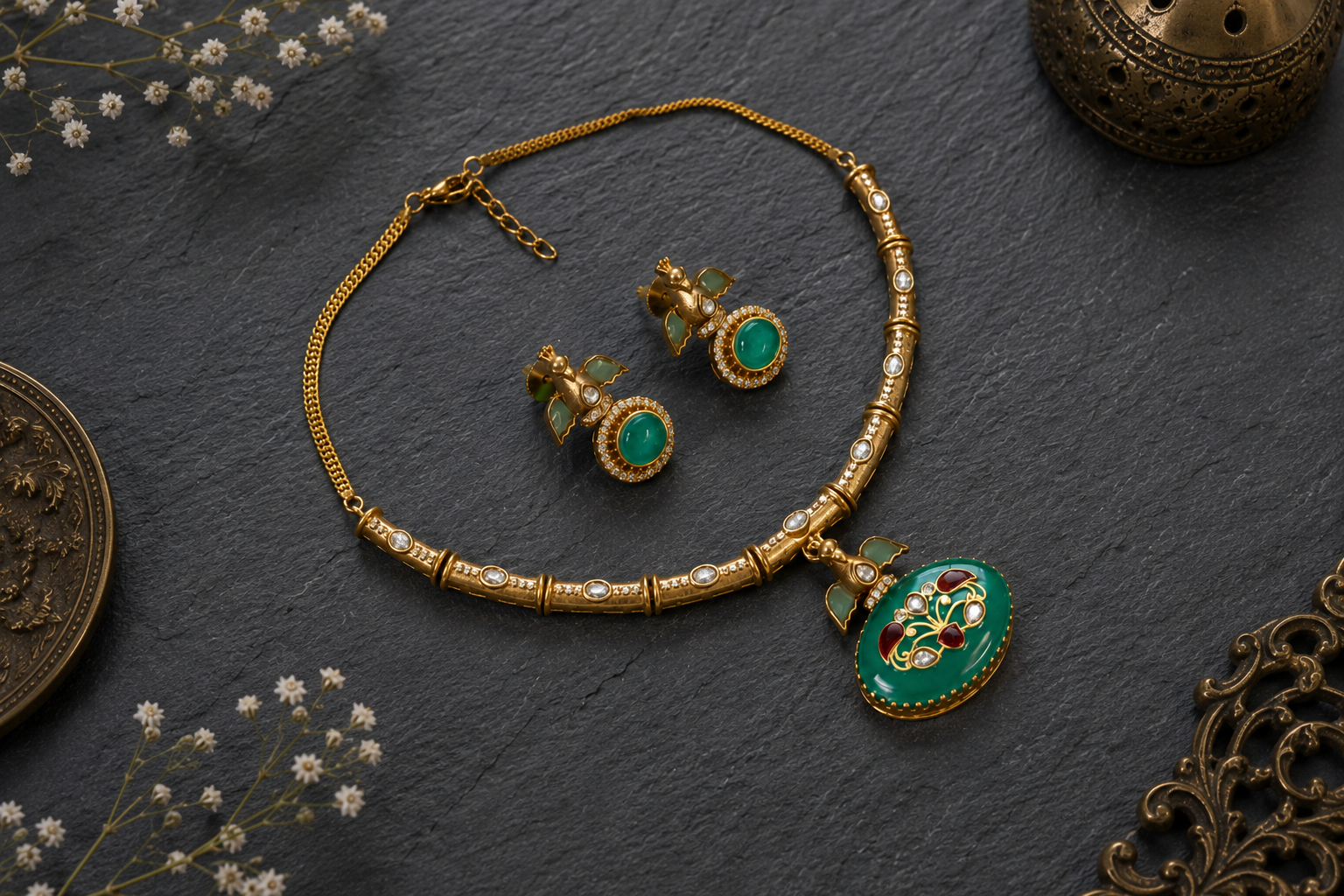 Inlay kundan Polki Necklace Set -Mint
