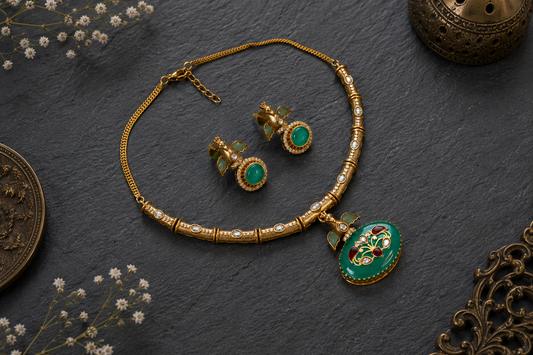 Inlay kundan Polki Necklace Set -Mint