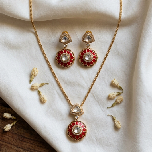 Coral Takkar Jadau & Polki Pendant Set