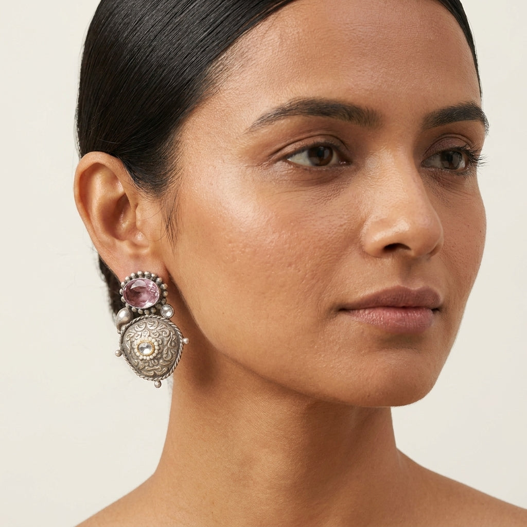 Kundan Fusion Earrings-  Pink