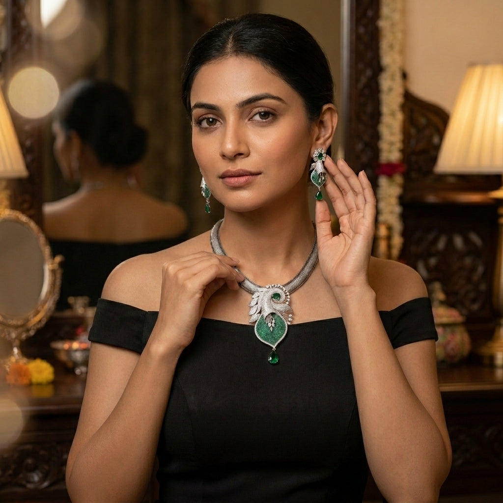 Victorian Black Polish & Micro CZ Necklace Set - Green