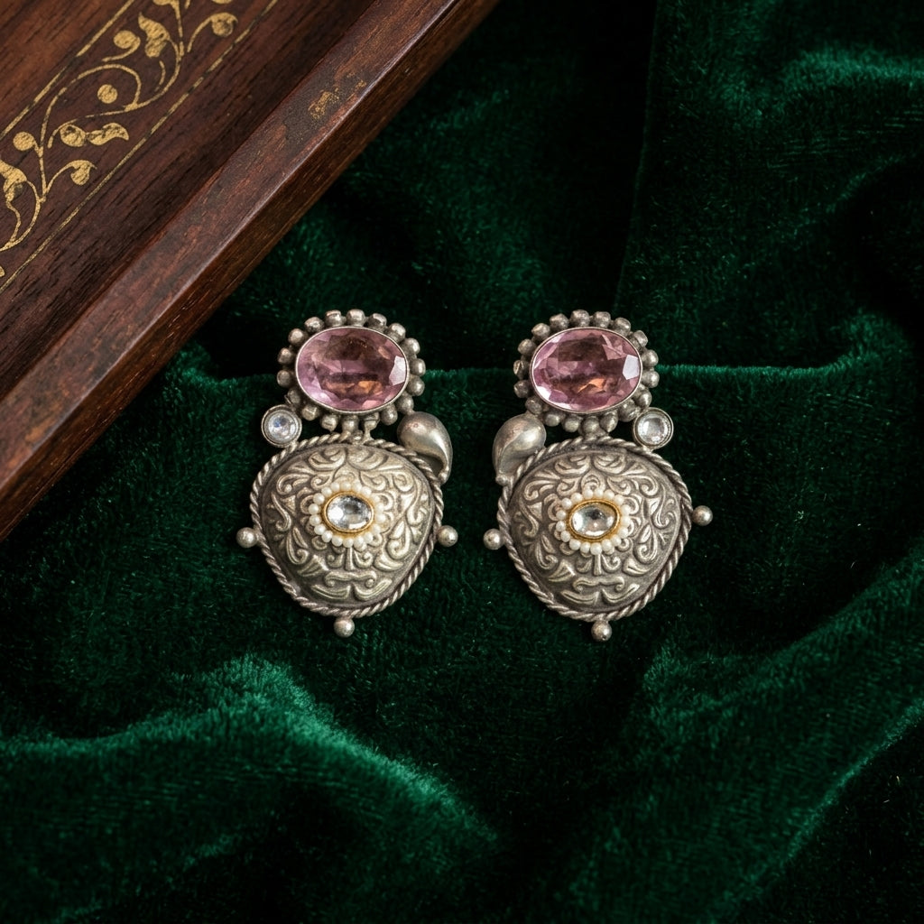 Kundan Fusion Earrings-  Pink