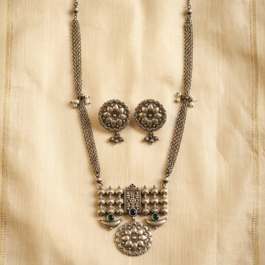 Sana Oxidized Silver Look Necklace Set - Green Blue