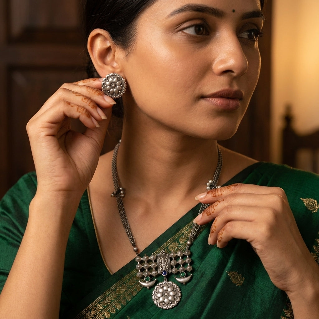 Sana Oxidized Silver Look Necklace Set - Green Blue