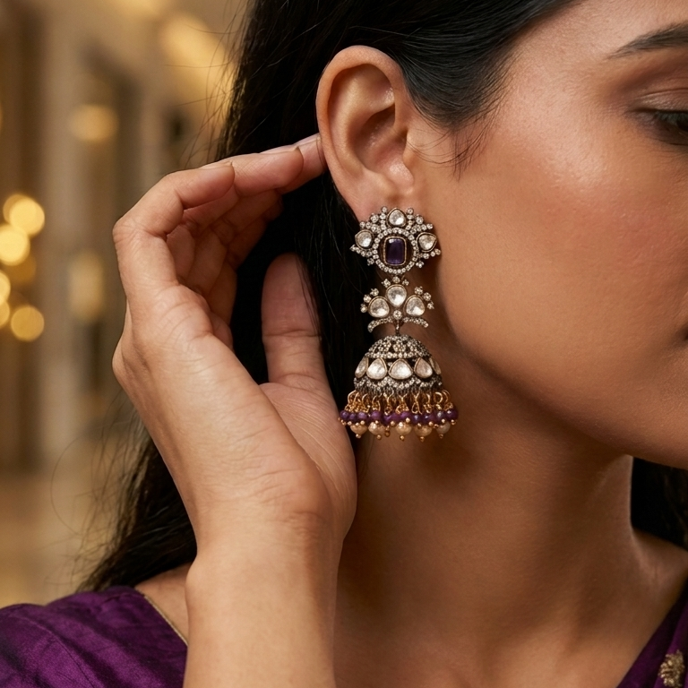 Victorian Mehndi Polish Moissanite CZ Jhumka - Purple