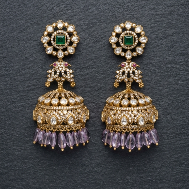 Mehndi Polish Moissanite CZ Jhumka -Real Amethyst Drops