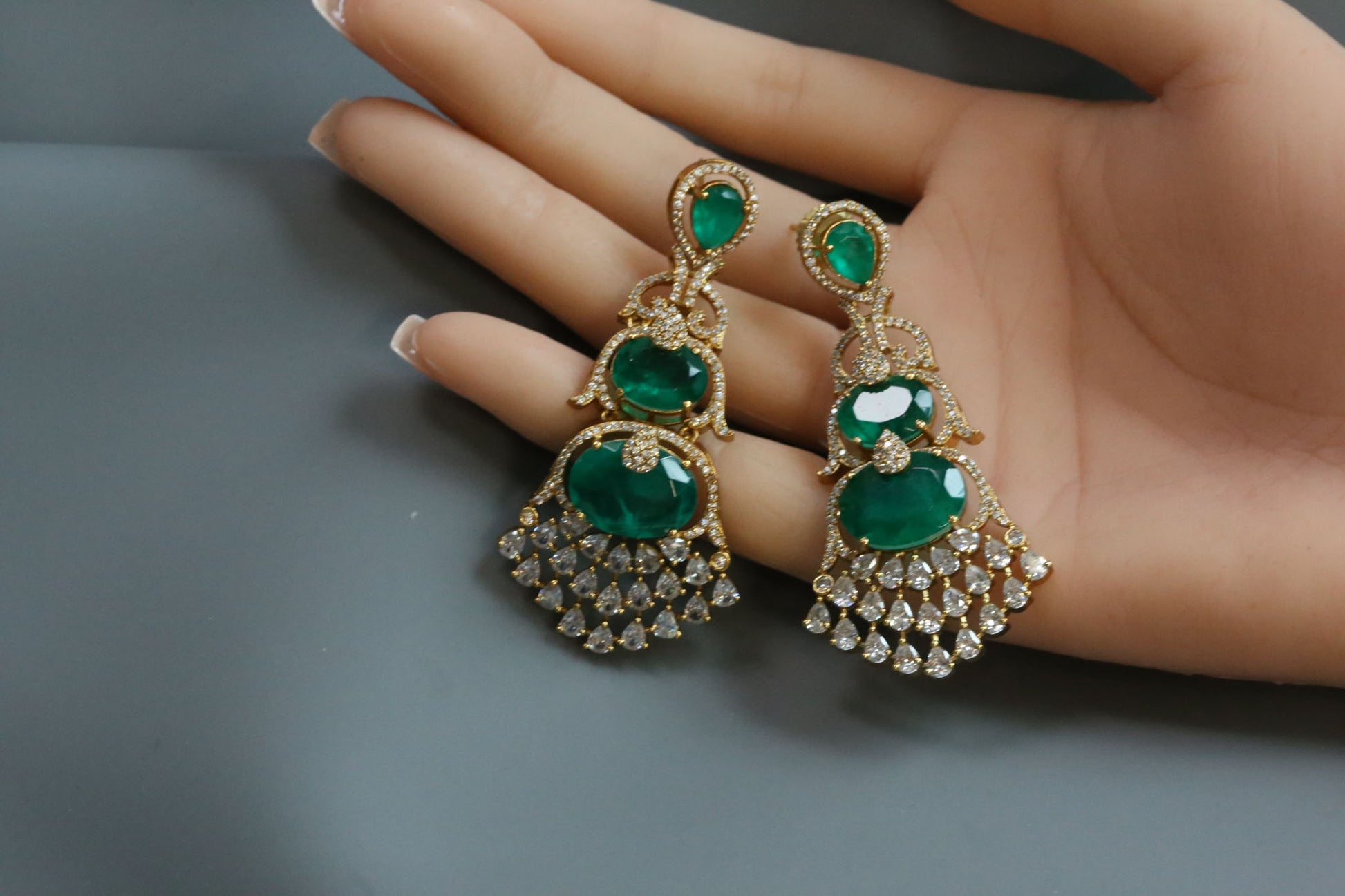 Aarika Doublet, MicroCZ & Mehndi Polish Earrings - Emerald