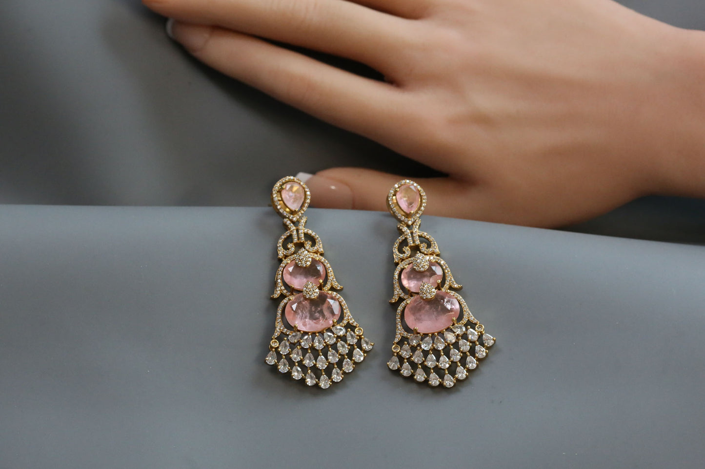 Aarika Doublet, MicroCZ & Mehndi Polish Earrings - Pink