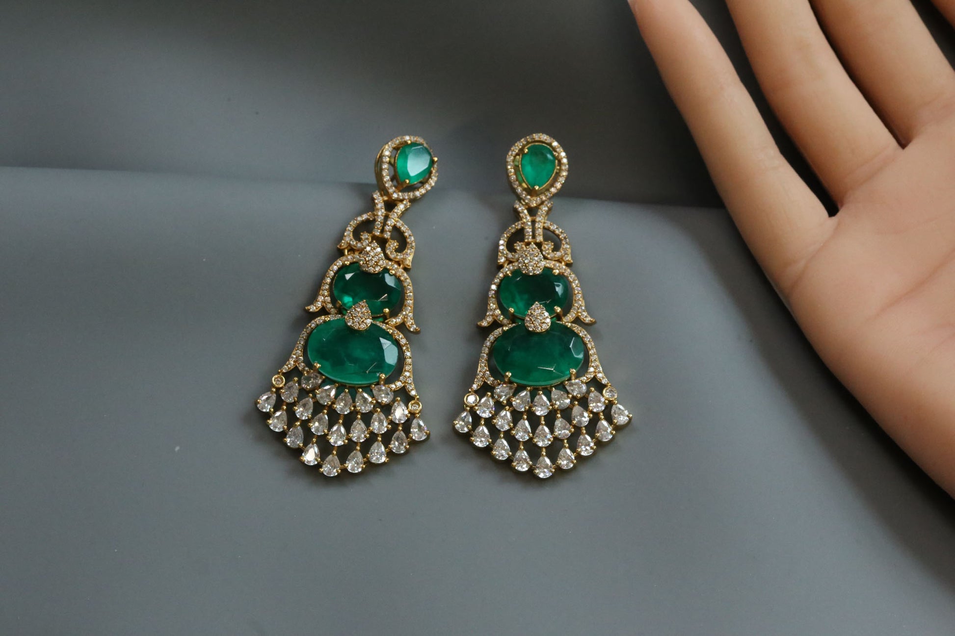 Aarika Doublet, MicroCZ & Mehndi Polish Earrings - Emerald