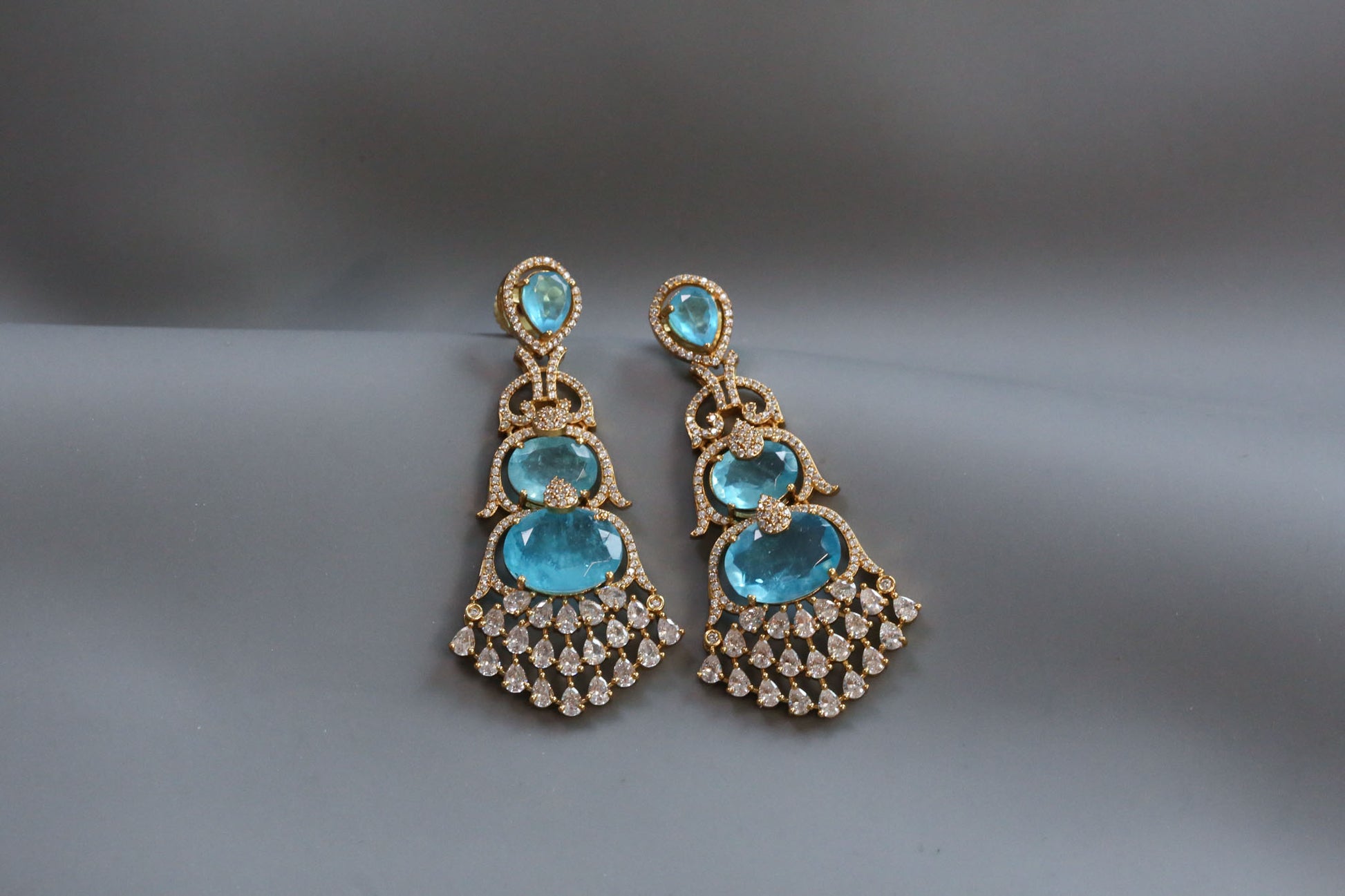 Aarika Doublet, MicroCZ & Mehndi Polish Earrings - Aqua Blue