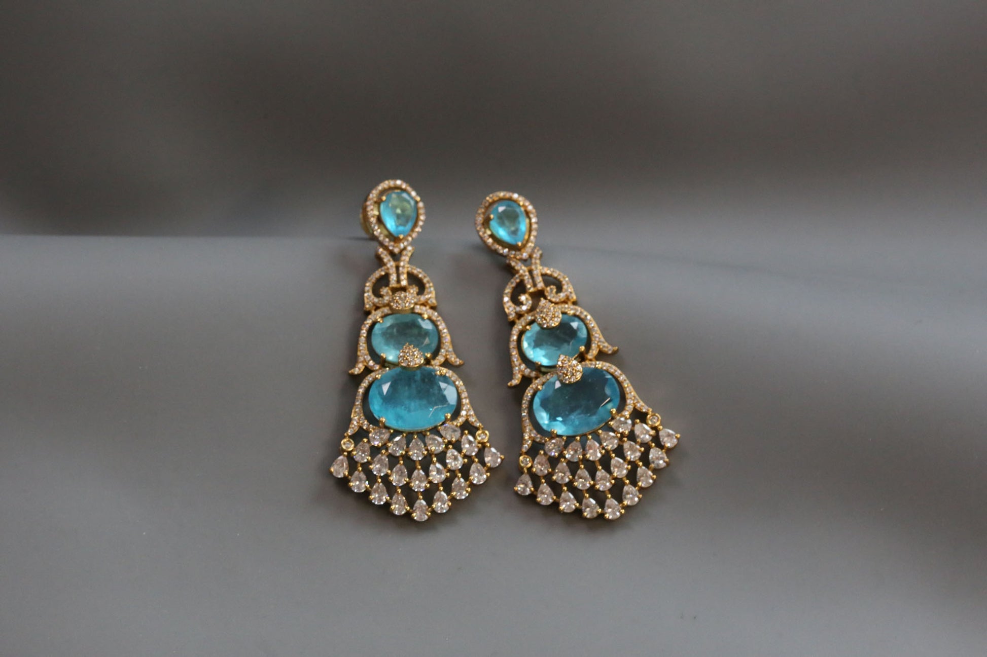 Aarika Doublet, MicroCZ & Mehndi Polish Earrings - Aqua Blue