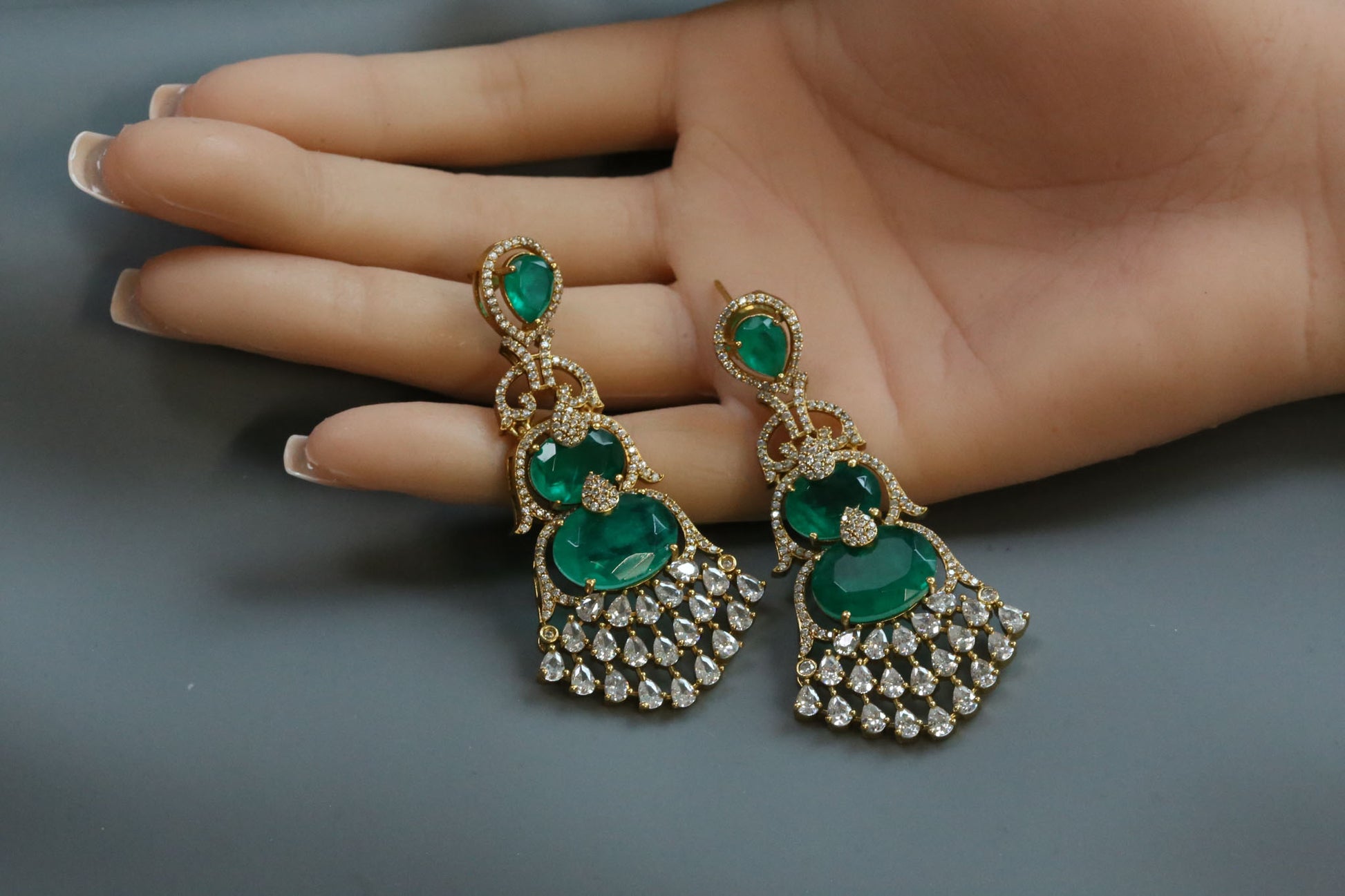 Aarika Doublet, MicroCZ & Mehndi Polish Earrings - Emerald