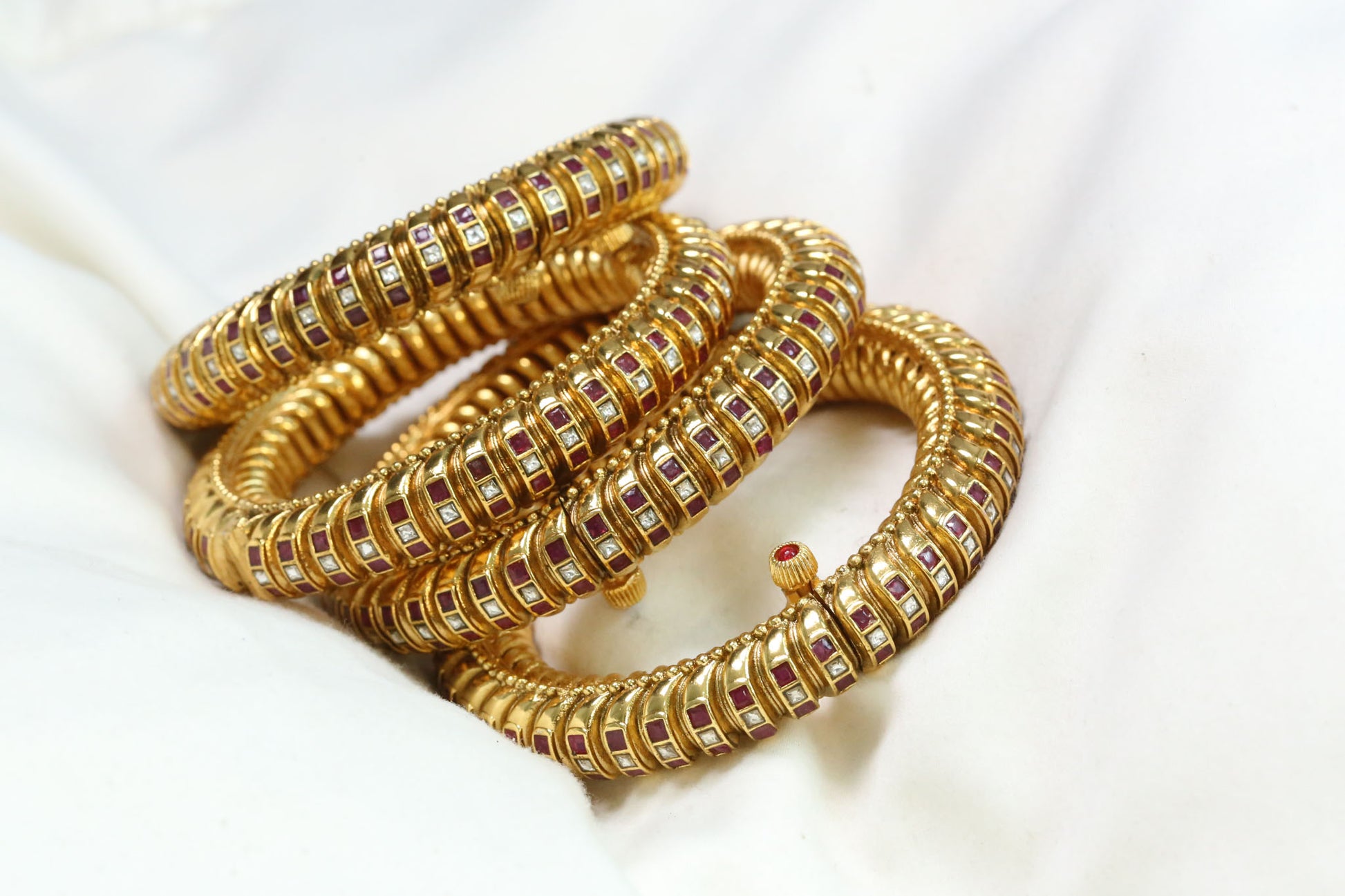Devi Brass Base Sutlara Bangle Set  - Clear Ruby