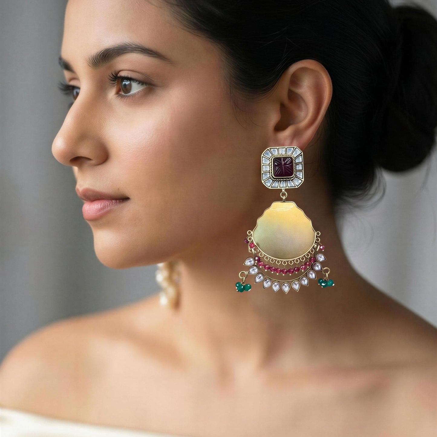 Contemporary Matt Gold Carved Rhodolite  Kundan Chandbaali