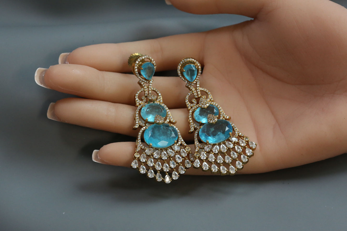 Aarika Doublet, MicroCZ & Mehndi Polish Earrings - Aqua Blue