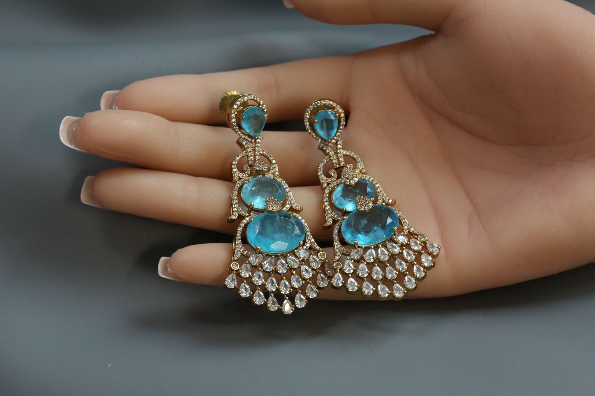 Aarika Doublet, MicroCZ & Mehndi Polish Earrings - Aqua Blue