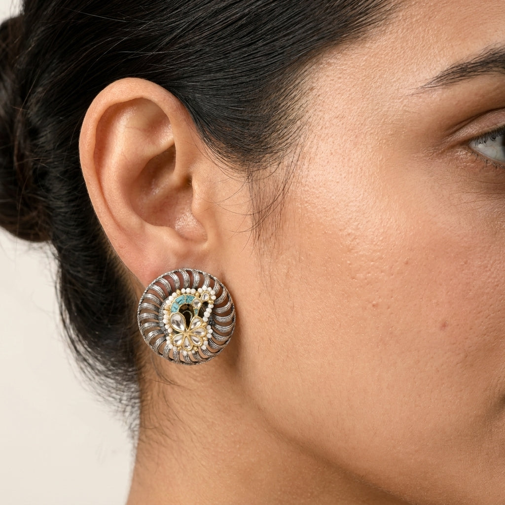 Fusion Kundan Peacock Studs - Turquoise