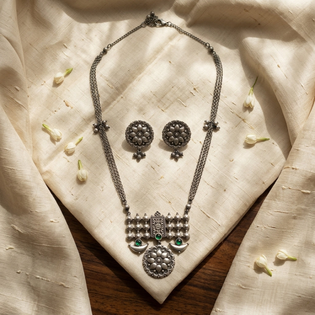 Sana Oxidized Silver Look Necklace Set -Green