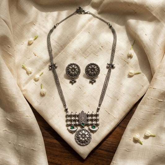 Sana Oxidized Silver Look Necklace Set -Green