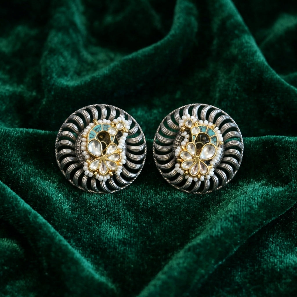 Fusion Kundan Peacock Studs - Turquoise