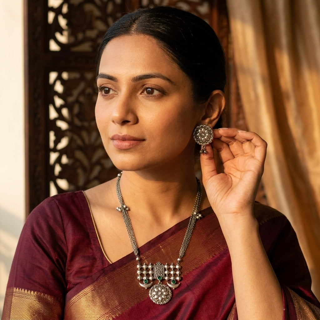 Sana Oxidized Silver Look Necklace Set -Green