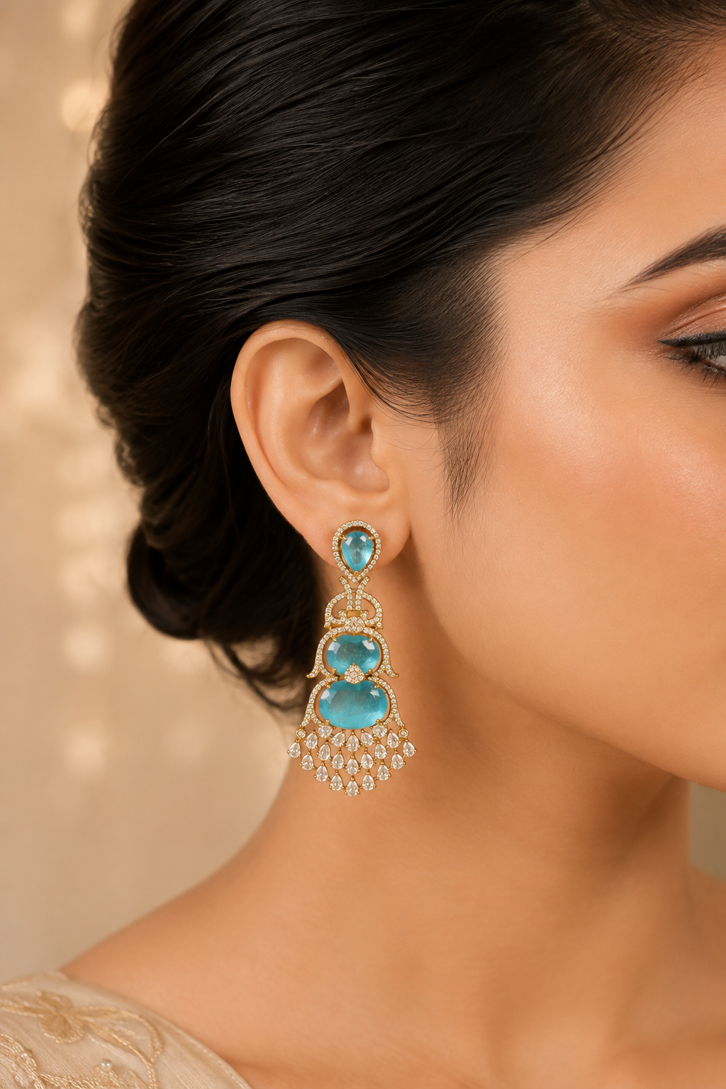 Aarika Doublet, MicroCZ & Mehndi Polish Earrings - Aqua Blue