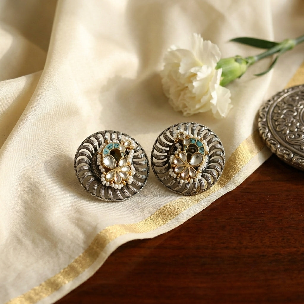 Fusion Kundan Peacock Studs - Turquoise