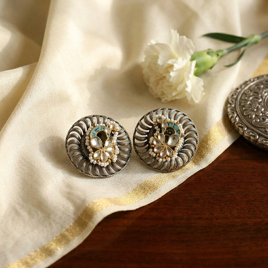 Fusion Kundan Peacock Studs - Turquoise