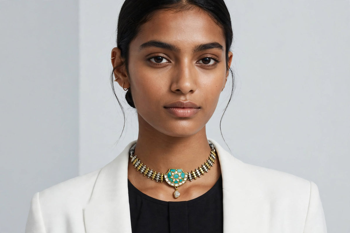 925 Sterling Silver Jadau Kundan Necklace - Turquoise