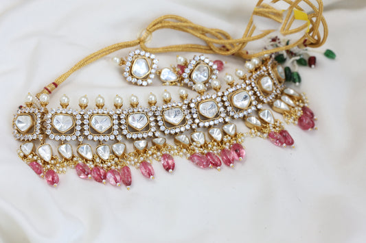 Uncut Kundan Polki Set - Pink Gemstone Drops