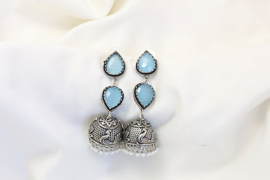 Rayna Oxidized Jhumka - Ice Blue