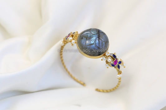 Adjustable Jadau & Labradorite Stone Bangle - Style 2