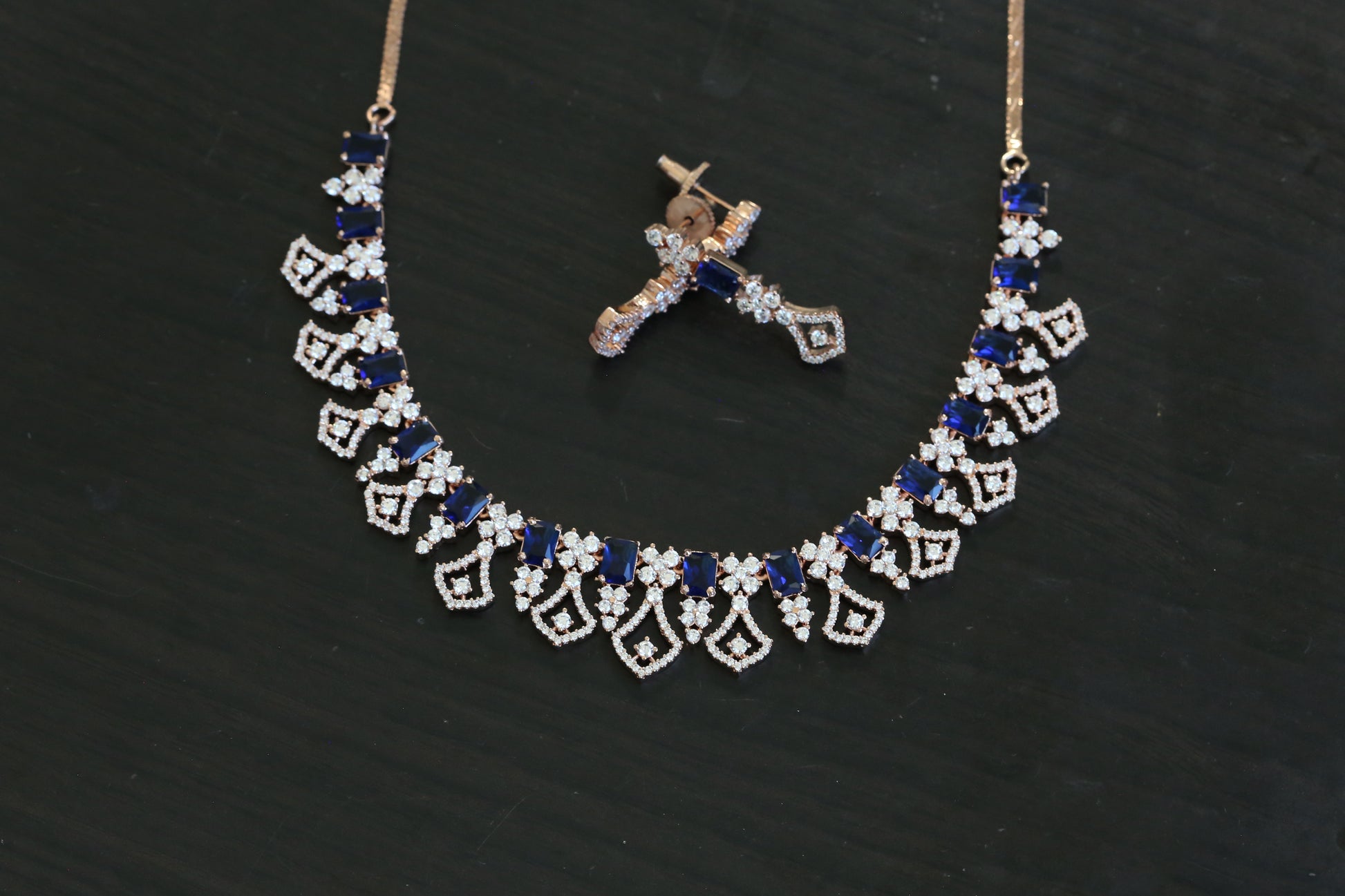 Next To Real Diamond Rose Gold Blue CZ Necklace Set